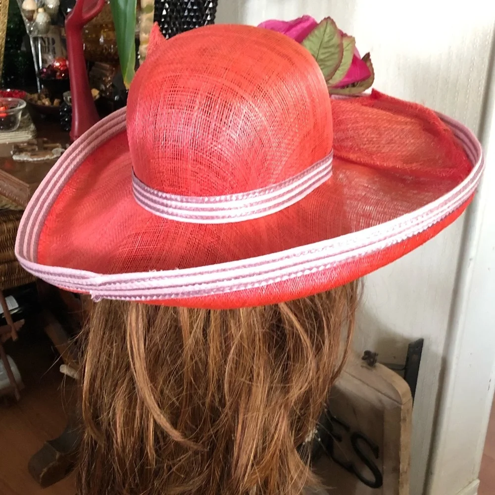 Vintage Wide Brim Red Straw Hat - Picture 4 of 10